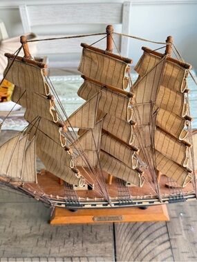 Vintage Nautical Model Ship Display with Wood Base